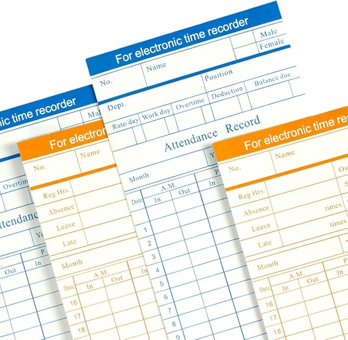 TooCust 100-Piece Time Cards for Employees, Monthly Time Cards 2-Sided, 2-Color Timecards for Time Clocks, Blue/Orange Print, 7-3/8 x 3-3/8 Inch