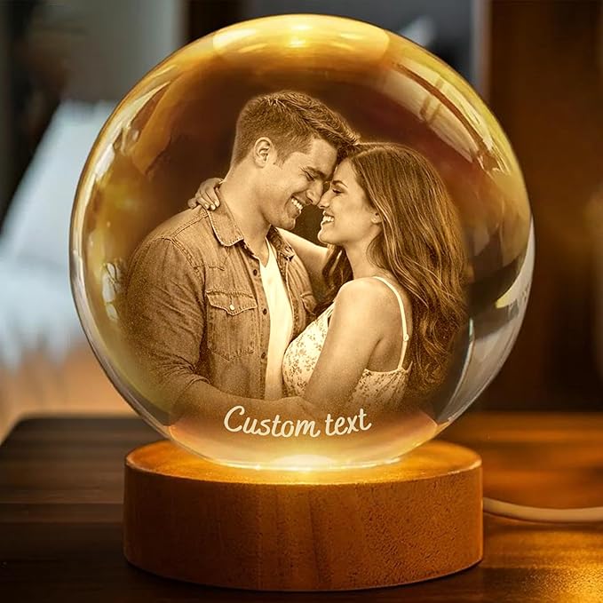 Herihues Personalized 3D Photo Crystal Ball, Custom Engraved Picture Lamp with Wood Base, Night Light for Couples, Gifts for Him Her Valentines Day, Anniversary, Personalized Gifts for Husband, Wife