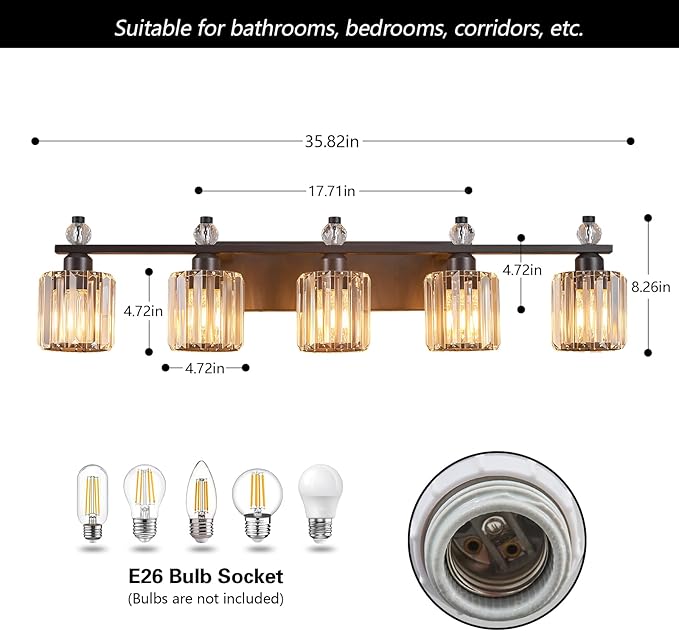 FDPBY Bathroom Vanity Lights 5-Light Sand Black Modern Crystal Vanity Light Fixtures Over Mirror Crystal Bathroom Vanity Lighting Fixtures