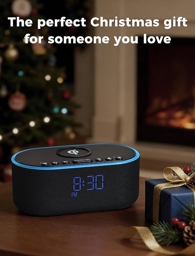 Odokee Wireless Charging Alarm Clock Radio: Qi Certified Fast Wireless Charger for iPhone Samsung - 10W Stereo Bluetooth Speaker - Dimmable Digital Clock with FM Radio for Bedroom Black