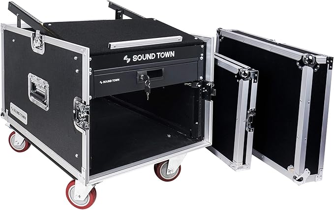 Sound Town High-Quality 1/2” (12mm) Plywood 8U PA DJ Pro Audio Rack/Road ATA Case with 11U Slant Mixer Top, Locking Drawer, 20.2’’ Rackable Depth and Casters (STMR-8D2)
