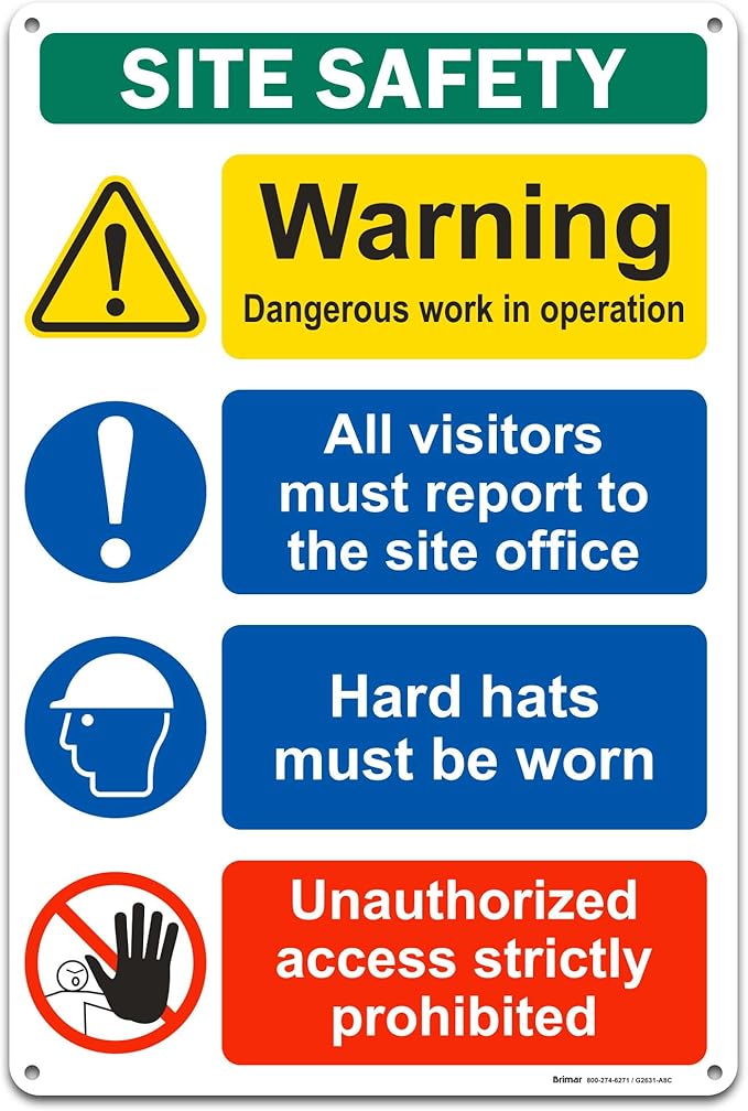 Brimar - 12" x 18" - Construction Site Safety Sign - .063″ White Rust-Free Aluminum - Bold Text - Easy Installation