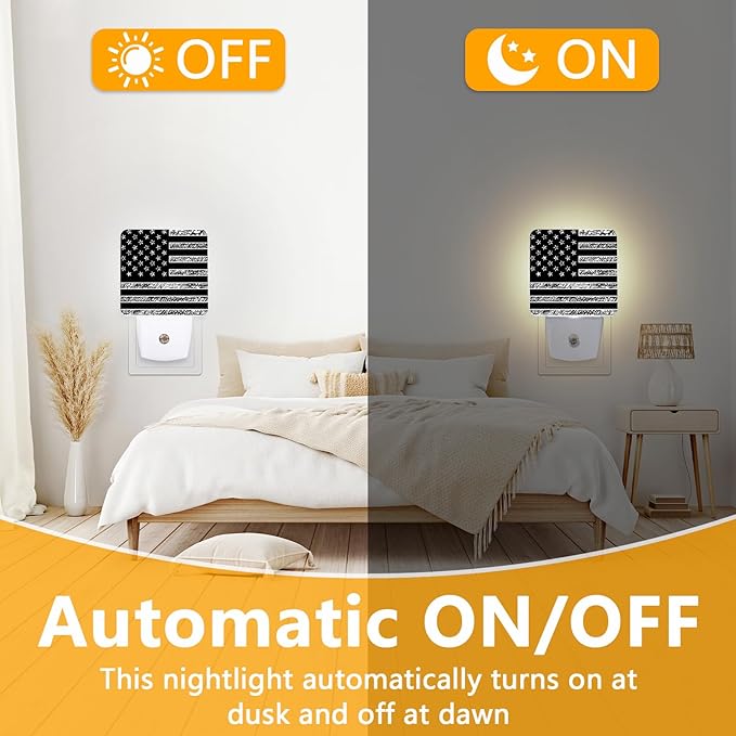 GANTINIR Black White American Flag Night Light, Plug-into USA Flag Nightlight White LED Lamp, Energy Efficient Decor Desk Lamp for Bedroom Hallway Stairs Bathroom