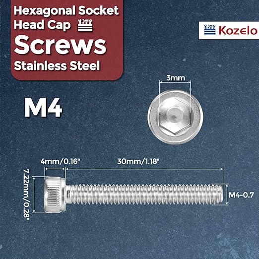 Kozelo 60pcs Socket Head Cap Screws - [M4-0.7 x 30mm] 304 Stainless Steel Allen Socket Drive for Electrical Motor 3D Printing Fan Engine Replacement Use, Silver