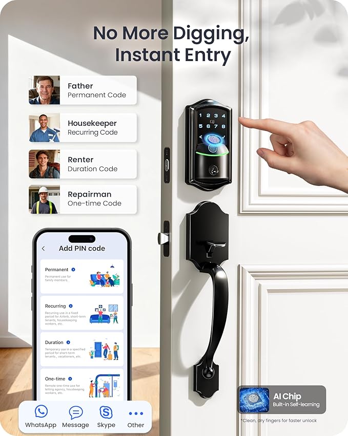 Veise VE027-H Built-in Wi-Fi Fingerprint Smart Deadbolt Lock with Handleset, App Remote & Voice Control, Keyless Entry Front Door Lock Set, Touchscreen Keypad, Auto-Lock, Easy Setup, Matte Black