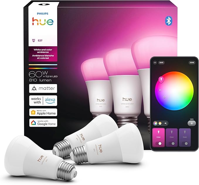 Philips Hue Smart LED A19 Bulb, White & Color Ambiance, E26 Base, 7.2W, Full Spectrum Light 1000K-20000K, 810 Lumens, Dimmable LED Bulbs, Works with Alexa, Google,& Apple Home, 3pk