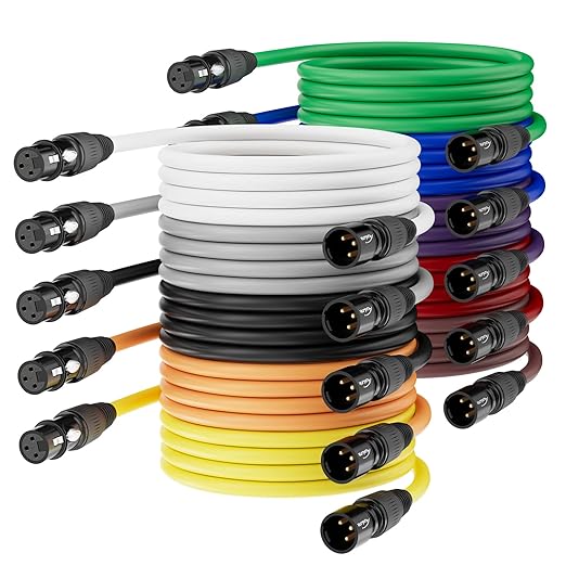 AuxLink XLR Cables, Microphone Cable 6ft 10 Pack, XLR Male to Female Gold-Plated 3-Pins 10 Color Cable, XLR Speaker Cable for Microphone, Mixer, Recording Studio- 6 Feet, 10 Pack