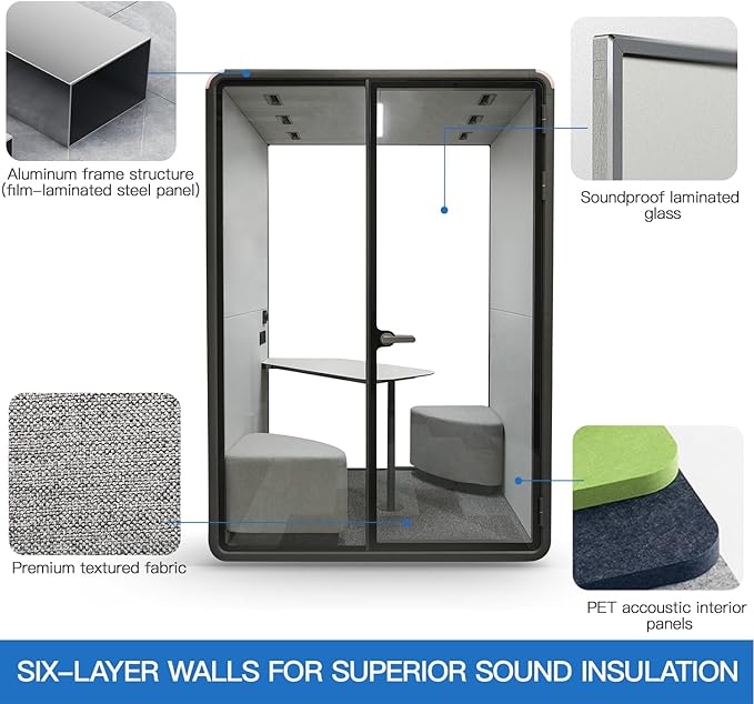 Soundproof Office Pod Booth Black, for 2 Person Meeting Pod, Quiet Meeting Pod with Acoustic Panels, Portable Modular Pod, Privacy Phone Booth for Calling, Personal Workspace H92in W63in D55in