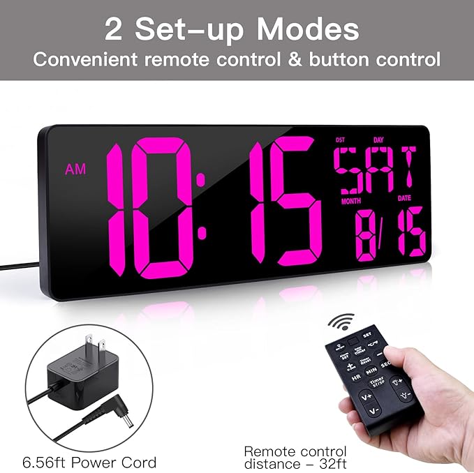 XREXS Large Digital Wall Clock with Remote Control, 16.5 Inch LED Large Display Count Up & Down Timer, Adjustable Brightness Alarm Clock with Day/Date/Temperature for Living Room, Bedroom, Office, Gym