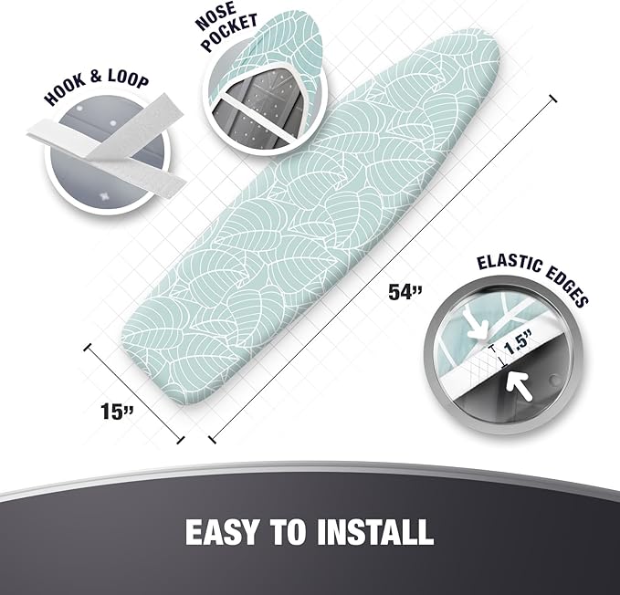 COTTY HOME Extra Thick Ironing Board Covers with Pad Standard Size 15x54, Heat Reflective Full Scorch Resistant Padding, Snug Fit Non-Slip Nose Pocket Fastener Straps Elastic Edges, Green Floral