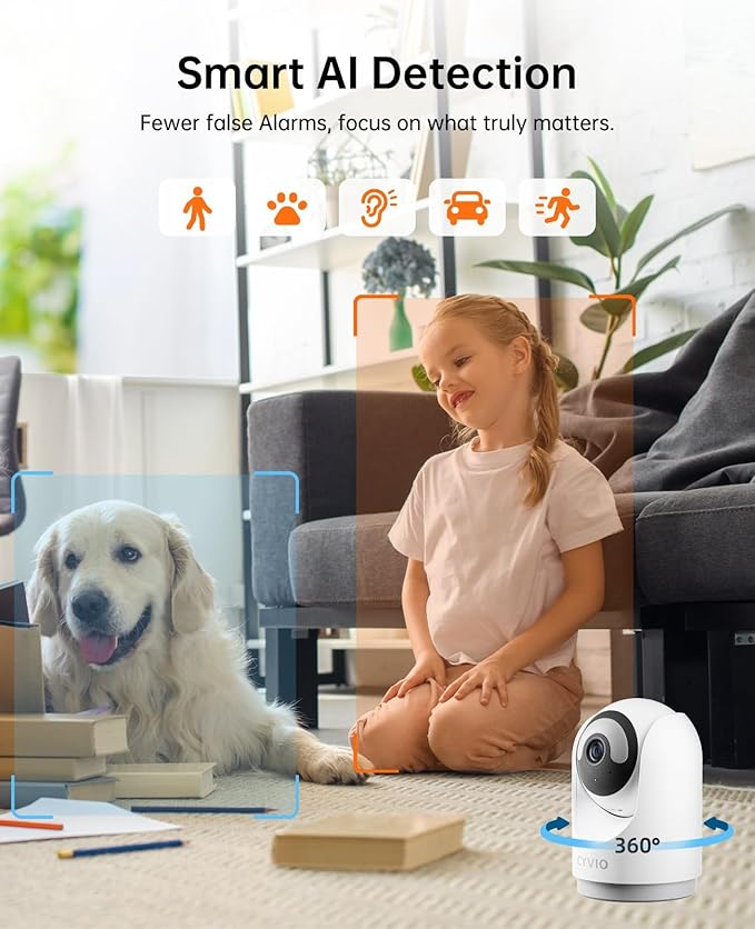 CYVIO 5MP Indoor Security Camera, 3K Pan-Tilt WiFi Surveillance Camera with AI Motion Detection, Human Tracking, Color Night Vision, 2-Way Audio, Bluetooth Setup, No Subscription, for Baby/Pet/Home