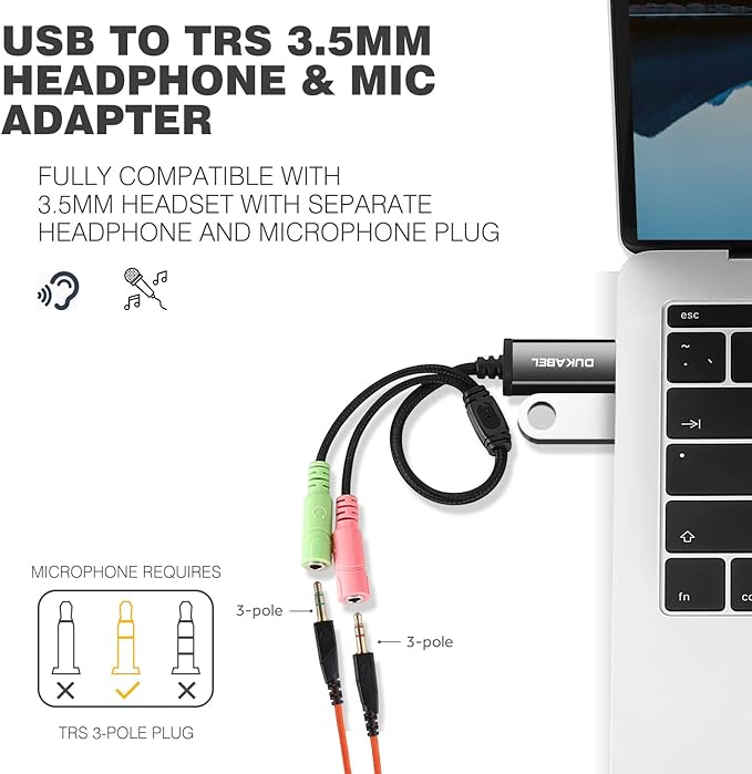 DuKabel USB to 3.5mm Jack TRS AUX Adapter for Built-in USB Sound Card with Separate Plug TRS 3 Pole Microphones [Metal Housing & Durable Braided / 9.8inch]