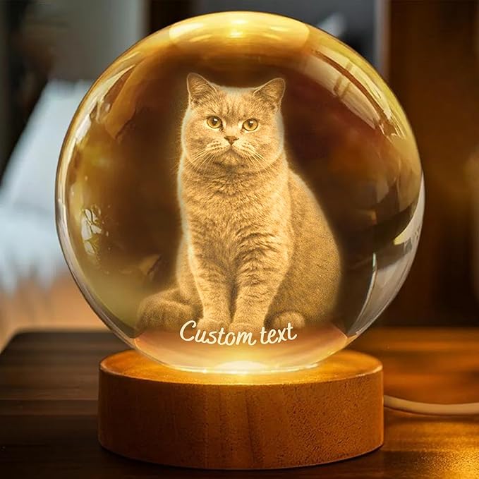 Herihues Personalized 3D Photo Crystal Ball, Custom Engraved Picture Lamp with Wood Base, Night Light for Dog Lovers, Dog Memorial Gifts, Loss of Pet Sympathy Gift Night Light, Custom Photo Portrait