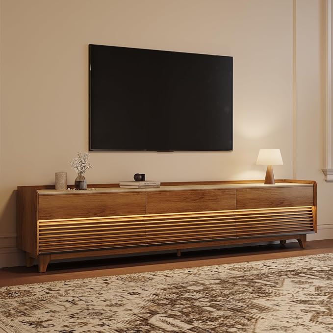 POVISON Fully-Assembled Mid Century Matte Sintered Stone TV Stand with Legs, 94.49" Wood Media Console with Adjustable LED Light, Entertainment Center with Storage for Living Room