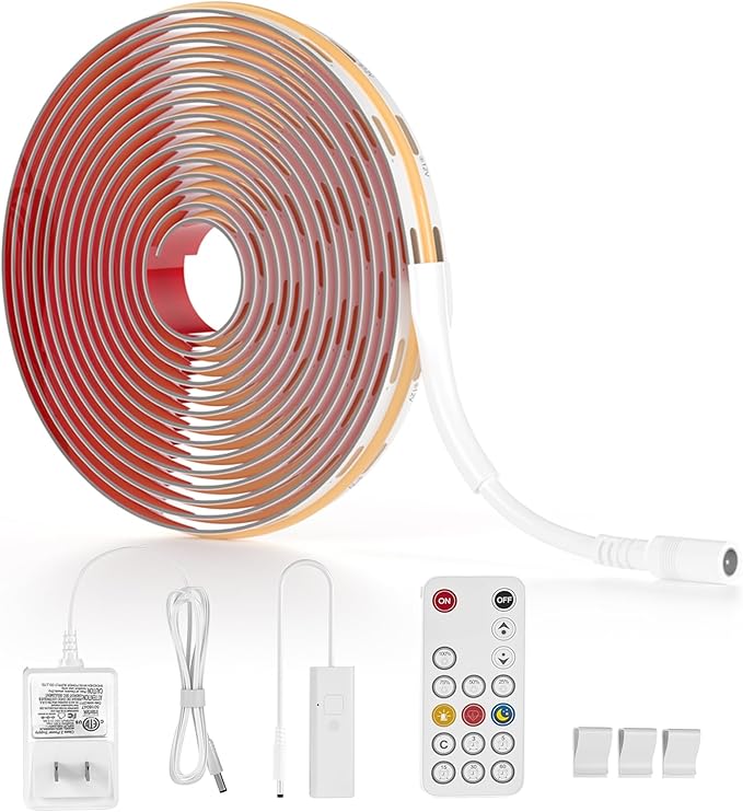 WOBANE Dimmable COB LED Strip Light, 9.8ft Under Cabinet Lighting with Remote Control, 6000K White, Kitchen, Ceiling, Room, Closet, Counter, CRI90+, 1500lm, Timing, ETL Adapter