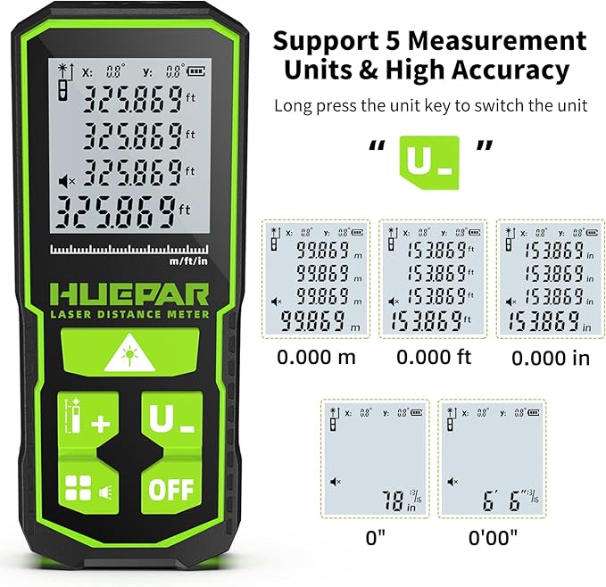 Huepar 330FT Green Laser Measuring Tool with Angle Sensor, ±1/16in (±1.5MM) Accuracy, Rechargeable Digital Laser Room Measuring Device, Laser Distance Measurement, Gifts for Men, Fathers Day Birthday