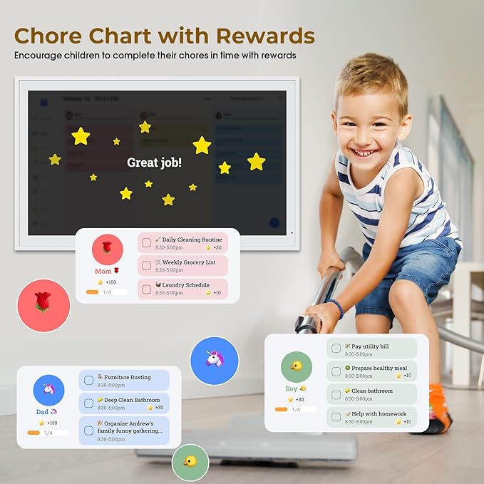 Digital Calendar, 21.5" Electronic Calendar For Wall, 1080P IPS Touchscreen Smart Family Planner& Chore Chart, Two - Way Sync With Phones Supports All Google Play Apps, Wall/Desk Mountable