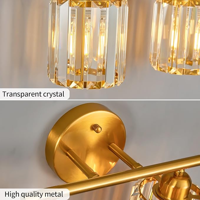 FDPBY Modern 2 Light Crystal Vanity Light, Brushed Gold Vertical Bathroom Light Fixture Over Mirror for Dressing Table Sink, Compatible with Dimmable Bulbs (Bulbs Not Included)