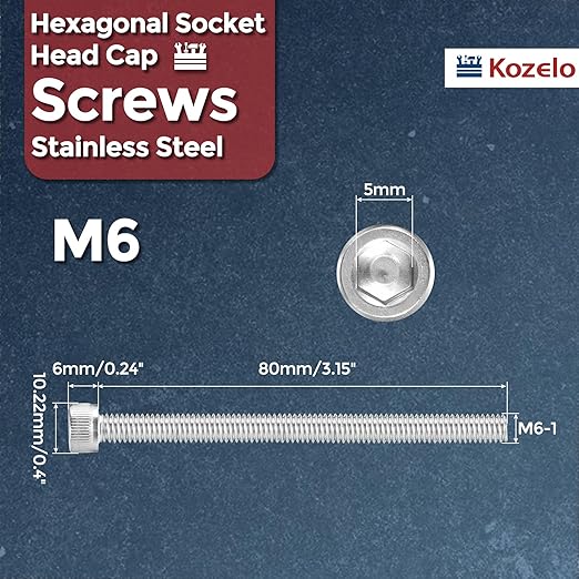 Kozelo 20pcs Socket Head Cap Screws - [M6-1 x 80mm] 304 Stainless Steel Allen Socket Drive for Electrical Motor 3D Printing Fan Engine Replacement Use, Silver