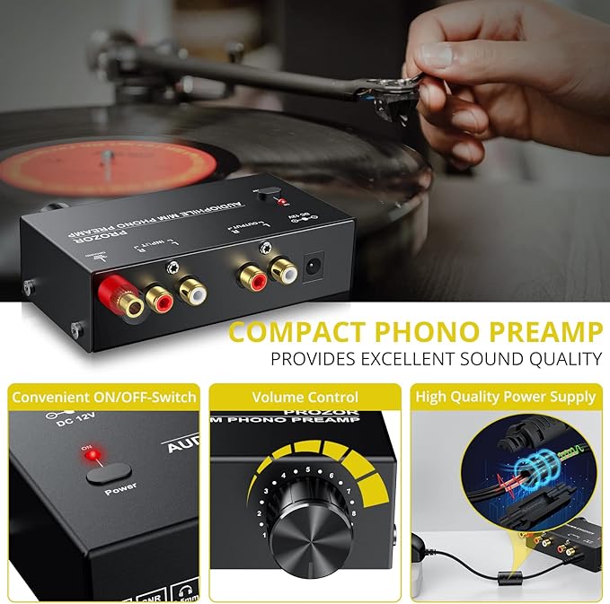 PROZOR Pre Amplifier for Turntable Audiophile M/M Phono preamp with Level Volume Controls with RCA Input, RCA/3.5MM Output interfaces, Low Noise Operation Including 12V 1A Power Adapter