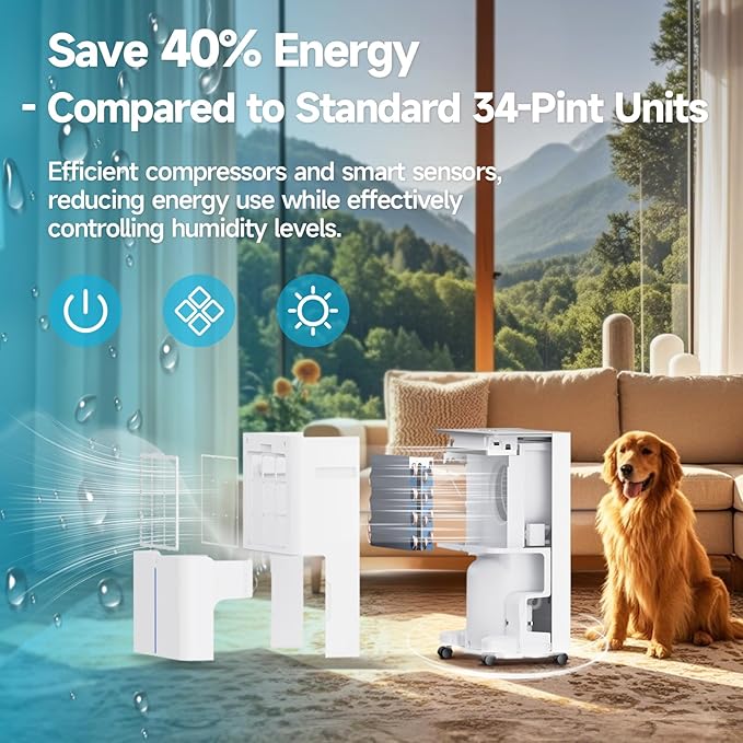 AIRVIP 34 Pints Dehumidifiers for Home with 6.56ft Drain Hose, 2441 Sq.Ft Quite & Energy Efficient Dehumidifier for Basement Bedroom Bathroom with Auto Shut Off,2.5 L Water Tank,Smart Humidity Control