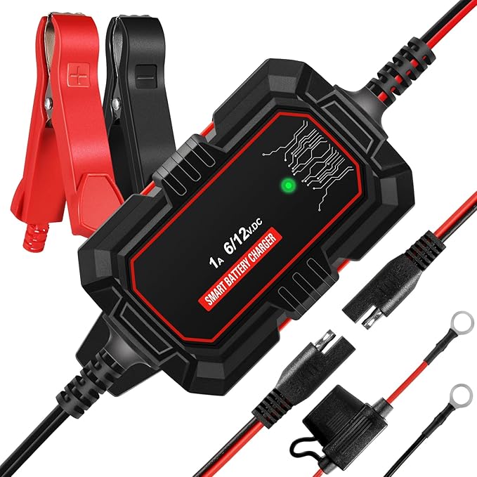 Sailvono 1A Battery Charger, 6V and 12V Smart Trickle Charger, 10-Stages 14.6 Volt LiFePO4 Automatic Battery Maintainer with Supply Mode for Motorcycle Car Lawn Mower Boat Marine Lead Acid Batteries