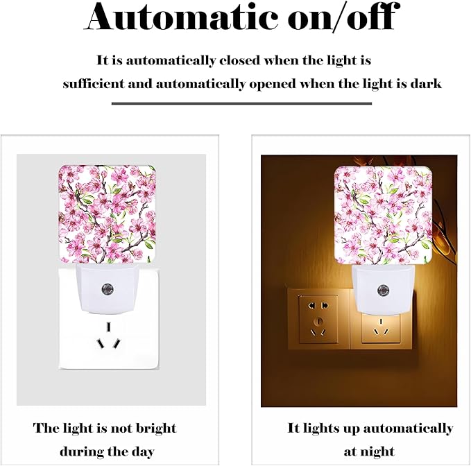 FSHVQKD Spring Flowers Blossom Night Light,Plug Into Wall for Boys Girls Bedroom Decorative Square Night Light Lamp 0.5w Sleep Friendly
