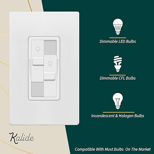 TOPGREENER Kalide Dual Load Dimmer Light Switch, Double LED Dimmer Switch, Full Range Dimming, Single Pole, 120VAC, 60Hz, 200W LED/CFL, Neutral Wire Not Required, TGDDS-W, White