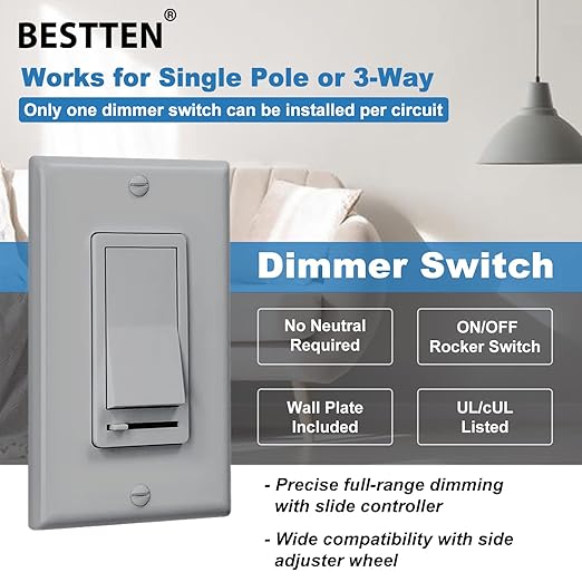 BESTTEN 10 Pack Dimmer Wall Light Switch, Compatible with Dimmable LED, CFL, Incandescent and Halogen Bulb, Single Pole or 3-Way Dimmer Switches, 120VAC, Decorator Wallplate Included, Gray
