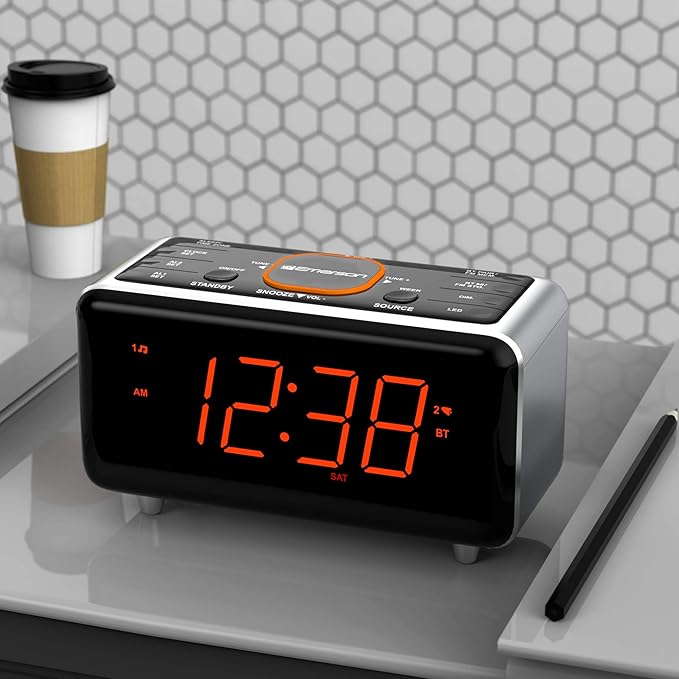 Emerson CKS1521-A SmartSet Bluetooth Dual Alarm Clock Radio with 1.4” Orange LED Display, Auto Time-Set, USB Phone Charger, FM Radio, AUX Input, Auto-Dimmer & Orange Accent Light