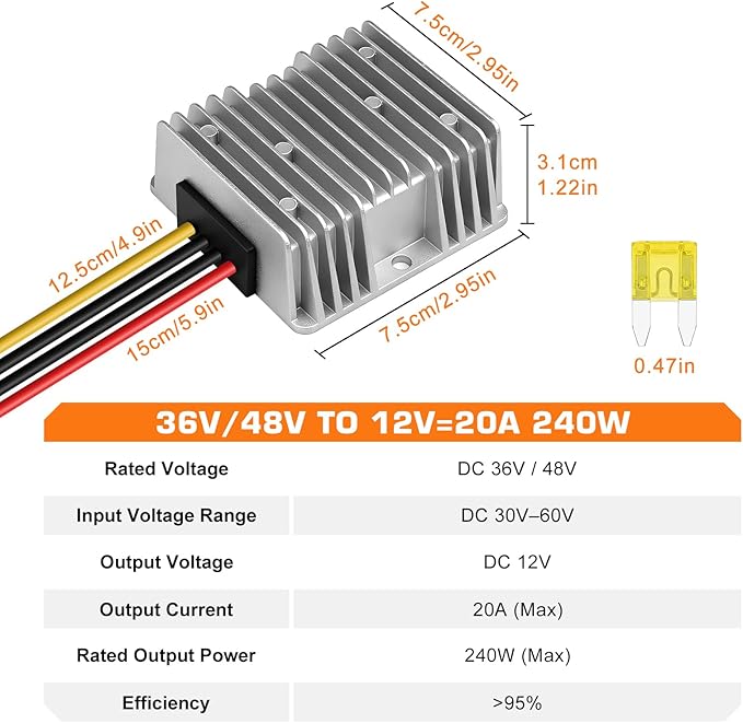 36V 48V to 12V Converter 20A 240W Waterproof DC-DC Step Down Voltage Regulator Reducer with Fuse, Buck Power Supply Transformer for Golf Cart, Forklift, Car