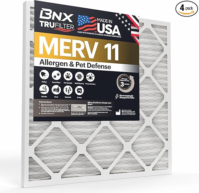 BNX TruFilter 12x30x1 Air Filter MERV 11 (4-Pack) - MADE IN USA - Allergen Defense Electrostatic Pleated Air Conditioner HVAC AC Furnace Filters for Allergies, Dust, Pet, Smoke, Allergy MPR 1200 FPR 7