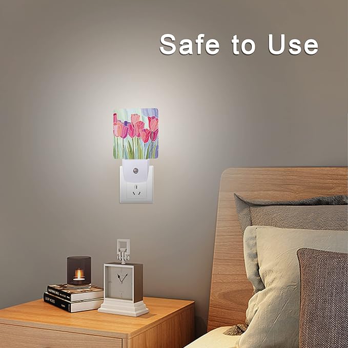 Smoaffly Pink Tulip Flowers Night Light Plug-in LED Nightlights Auto Sensor Night Lamp Dusk-to-Dawn Lamp Home Decor for Nursery Children Girls Boys
