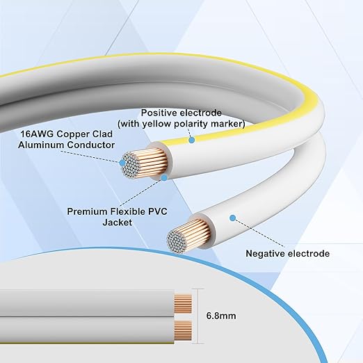 Mygatti Speaker Wire 75 FT, 16/2 Gauge Audio Speaker Wire, for Car Speakers Stereo, Home Theater, Automotive Wire, White Jacket with Yellow Polarity Marker, 16AWG CCA, 2 Conductors Electrical Wire