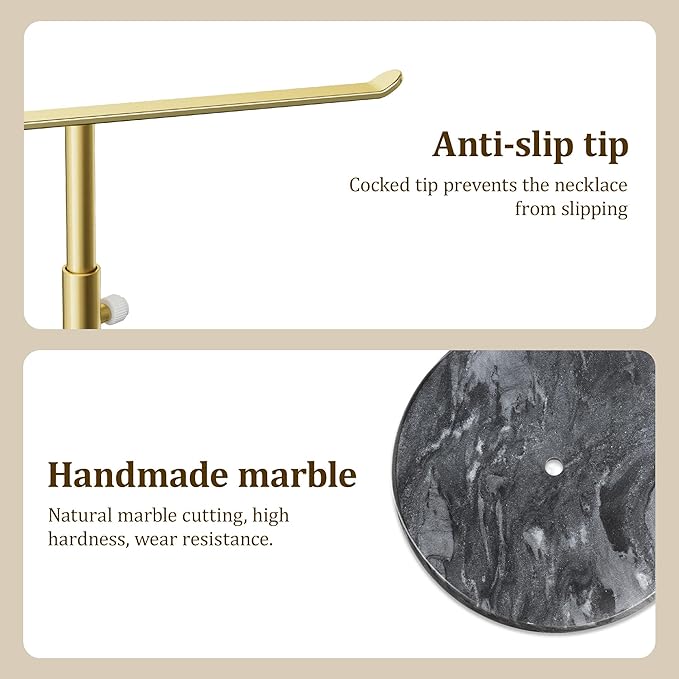 Josmimic Gold Necklace Holder Jewelry Organizer Stand – Adjustable Height T‑Bar Jewelry Display with Dark Gray Marble Base, Necklace & Bracelet Holder, Countertop Jewelry Stand