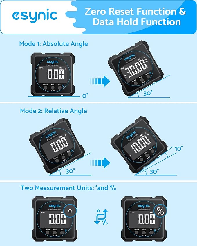 eSynic Digital Level Box - 4-Side Magnetic Digital Angle Gauge with 0.05° High Precision & Large LCD Display- Rechargeable IP54 Waterproof Inclinometer, Aluminum Frame for Woodworking/Construction