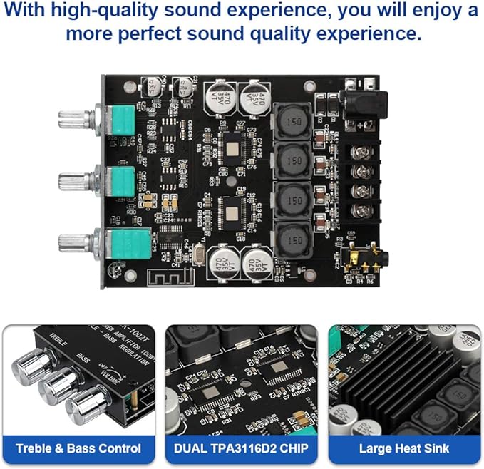 ZK-1002T Bluetooth Amplifier Board 2.0CH 100W*2 Mini Audio AMP with Treble and Bass Control, BT and AUX Inputs, DC 9-24V Stereo AMP Module for Home Speakers, Update Version APP Control