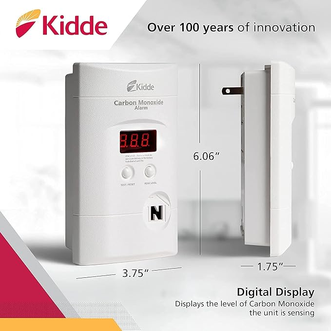 Kidde Carbon Monoxide Detector, Plug In Wall with 9-Volt Battery Backup, Digital LED Display - 6 Pack