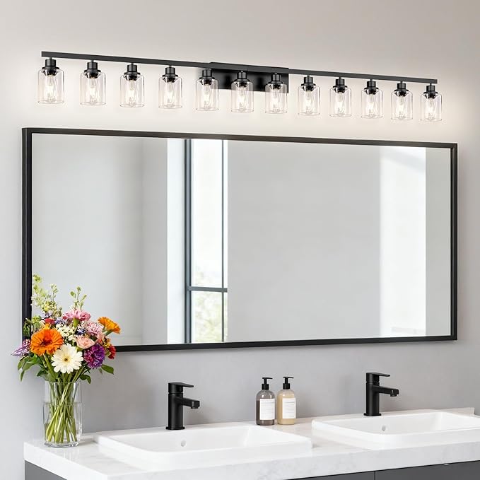 DIKAIDA 12 Light Bathroom Light Fixtures, Black Bathroom Lighting Fixtures Over Mirror Matte Black Modern Vanity Lights Wall Lighting for Mirror Bedroom, Living Room (78.7inch)
