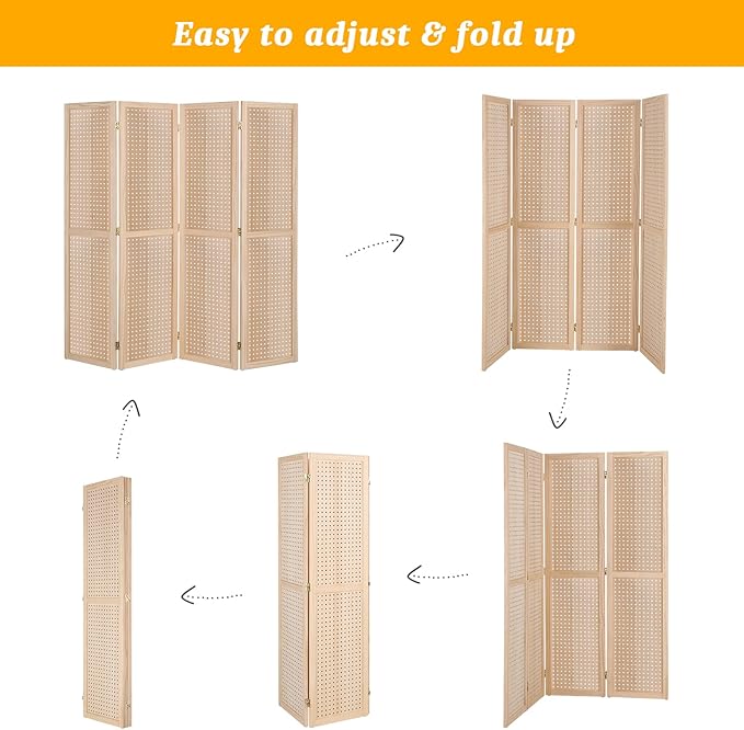 Bonnlo 4 Panel Pegboard Freestanding, 5 FT Portable Display Board Organizer for Craft Show Jewelry, Wooden Folding Privacy Screen Room Divider (with Base, Natural)