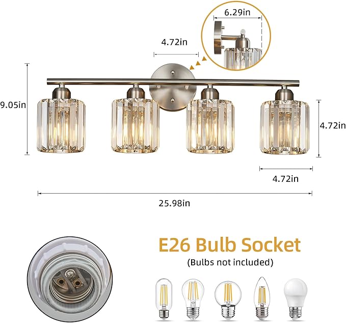 FDPBY Modern 4 Light Crystal Vanity Light, Brushed Nickel Vertical Bathroom Light Fixture Over Mirror for Dressing Table Sink, Compatible with Dimmable Bulbs (Bulbs Not Included)