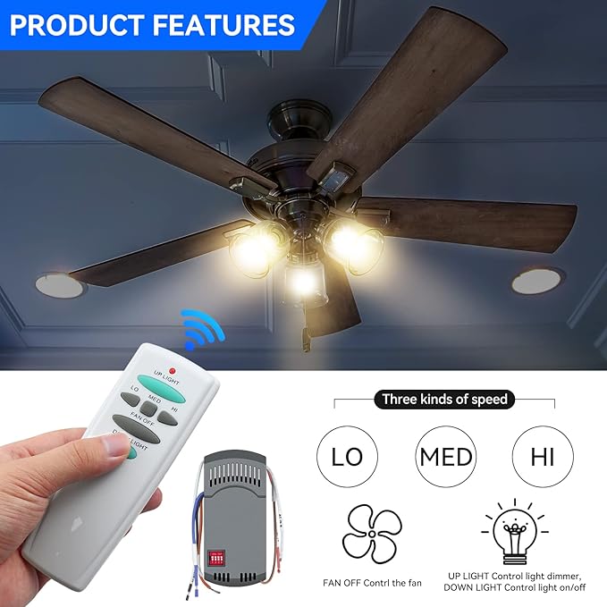 Universal Ceiling Fan Remote Control Kit with Up Down Light Replacement for Hampton Bay Harbor Breeze Hunter 3-Speed Dimmer UC7078T UC7080T CHQ7078T L3H2010FANHD Fan-HD6 FAN-28R