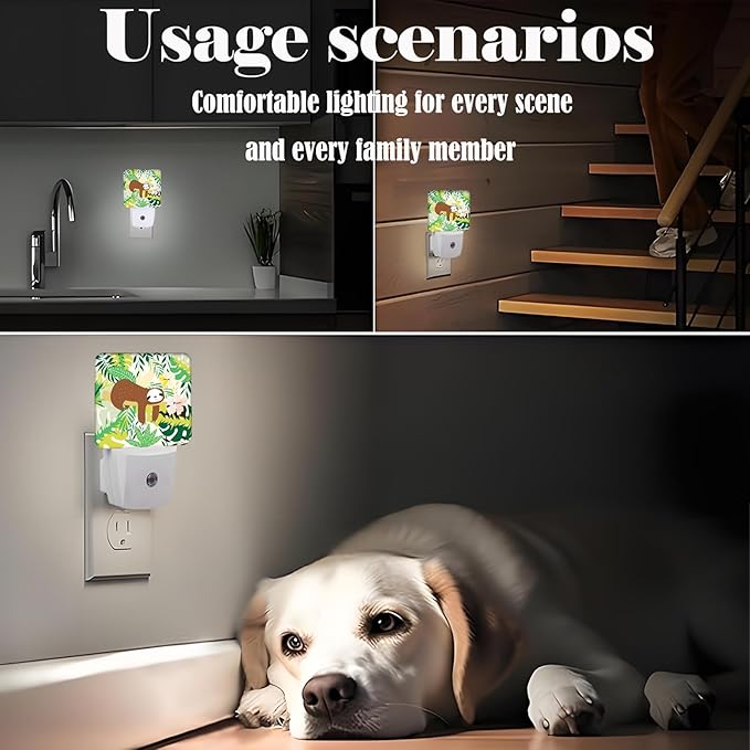FSHVQKD Cute Sloth in Jungle Night Light,Plug-in Night Lights with Dusk to Dawn Sensor for Stairway,Hallway,Bedroom Sleep Friendly Ideal for Women/Girls/Boys Gift,0.5w