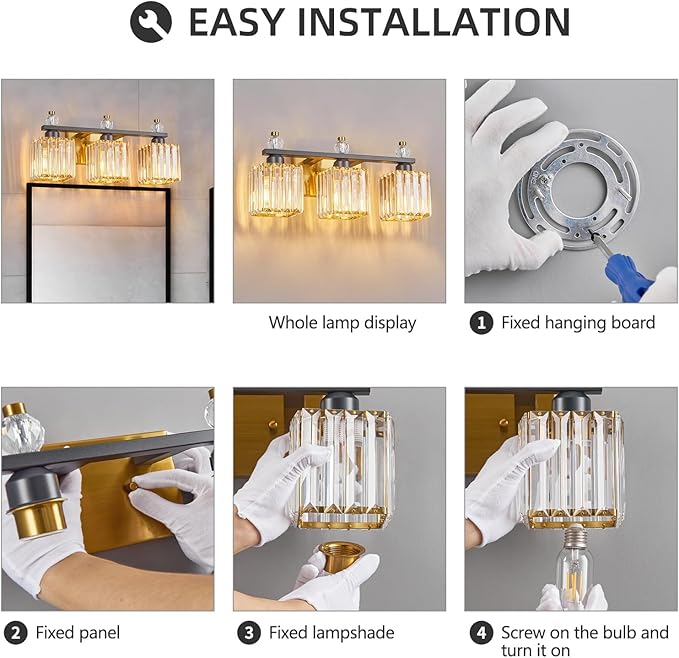 FDPBY 3-Light Modern Crystal Vanity Light - Black Gold Bathroom Light Fixtures Over Mirror