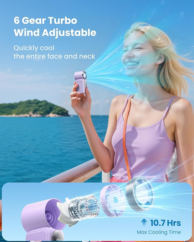 Gaiatop Portable Handheld Mini Fan, 6 Speeds 16900 RPM High Velocity Personal Fan with LED Display, USB Rechargeable, Mini Fan with Lanyard for Makeup, Travel, Outdoor, Gift for Women Girl, Purple