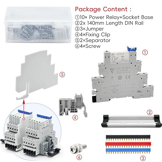 20Pcs 12V Electromechanical Power Relays 12V Relay Din Rail 5 Pin 6Amp SPDT, Socket Base with LED Indicator 41F-1Z-C2, with DIN Rail