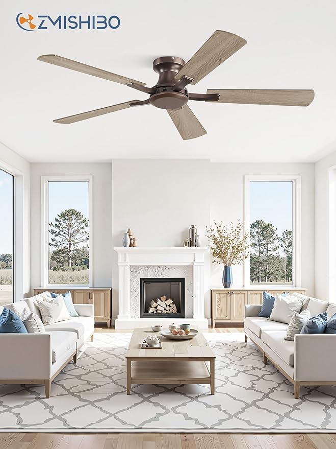 ZMISHIBO 52 Inch Ceiling Fan No Light, Flush Mount Low Profile, Farmhouse Brown Ceiling Fan Without Light, Remote Control & Quiet DC Motor, for Indoor&Outdoor, Bedroom, Living Room