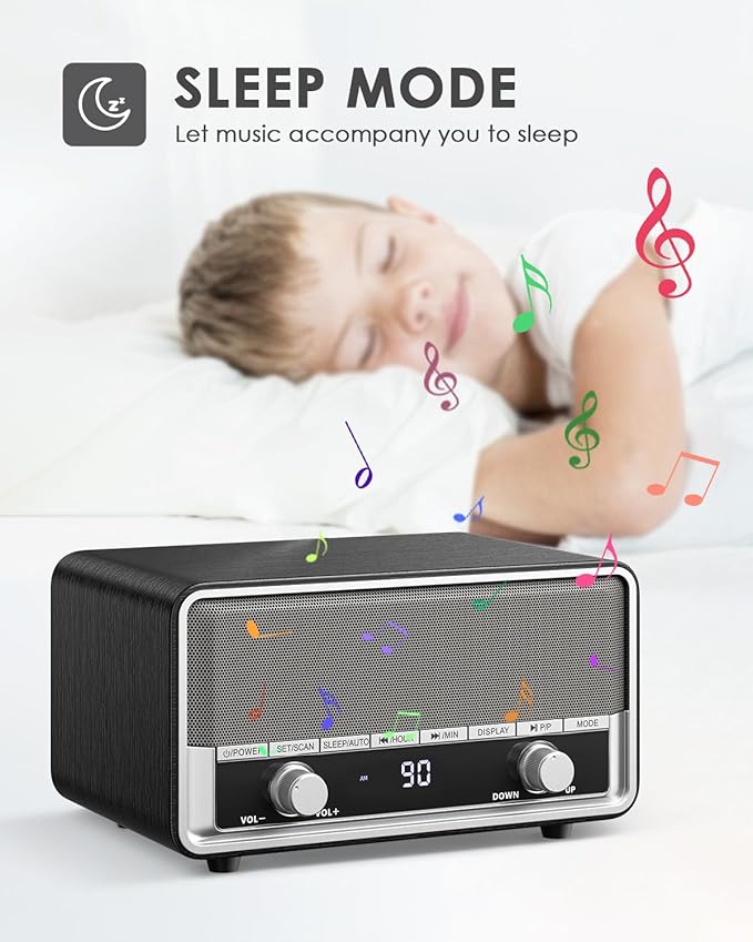 Vintage Wood AM FM Clock Radio with Bluetooth, Digital Clock Radio for Bedroom with LCD Display | 40 Presets | Sleep Timer | No Alarm, Retro Bluetooth Speaker for Office,Home, Kitchen (Black)