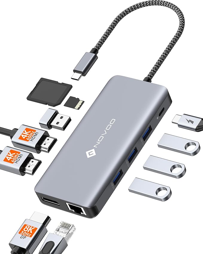 USB C Docking Station, NOVOO Triple Display Type C Hub Dual Monitor HDMI 4K@60Hz DP Multiport Adapter 4USB Ethernet SD/TF 100W PD Dongle Data for Dell/Surface/HP/Lenovo Thinkpad Laptop