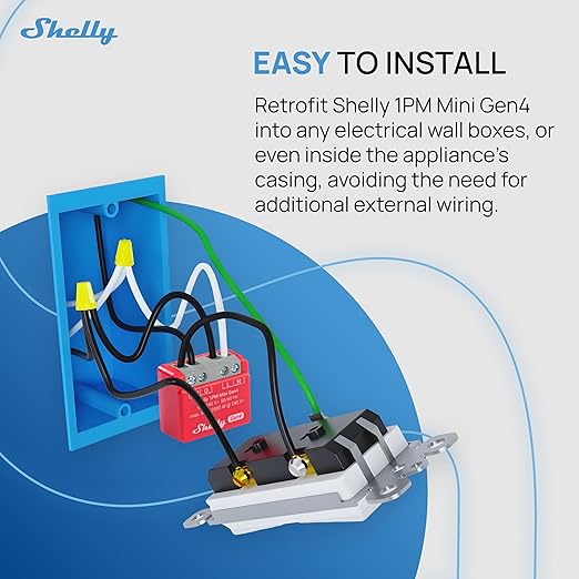 Shelly 1PM Mini Gen4 | Wi-Fi, Zigbee, Matter Smart Relay Switch with Power Metering, 1-Channel 8A | Home Automation | Alexa, SmartThings, Google, Apple HomeKit Compatible | iOS Android App (2 Pack)